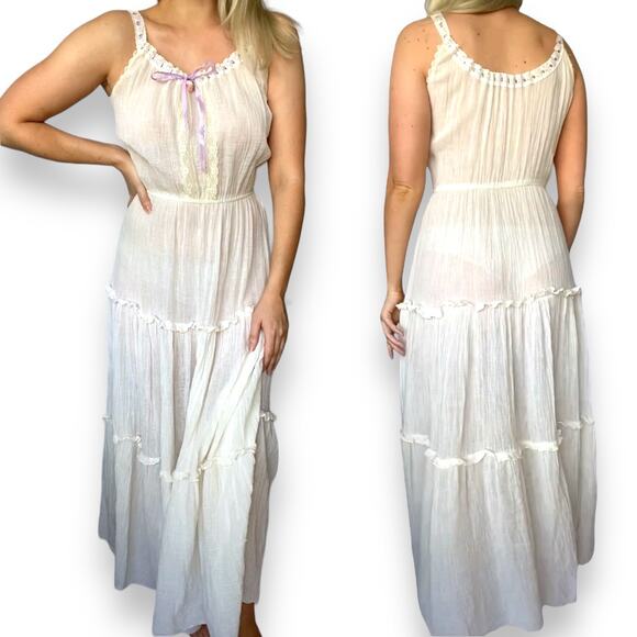 Vintage 80s 90s Cream Milkmaid Ribbon Bow Cotton Cottagecore Peasant Maxi Dress - Picture 2 of 5